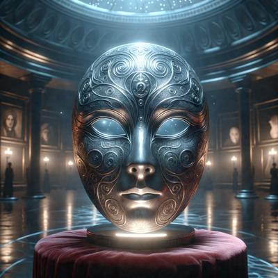 The primary subject of the image is a large, intricately designed metal mask. The mask is placed on a red cushion, which is situated on a table. The setting appears to be a room with a few other objects, such as a chair and a clock. The visual style of the image is a combination of photo and digital art, creating a unique and captivating scene. The dominant colors in the image are red and gold, giving the mask a warm and luxurious appearance.